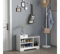 HOMCOM Shoe Storage Bench, Shoe Rack Bench with Seating Cushion, Drawer, 3 Open Compartments and Table Top for Entryway, Hallway, White