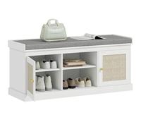 HOMCOM Shoe Bench with Padded Cushion, Boho Shoe Storage Bench, White | Rattan Doors, Open Shelves, Adjustable Shelves, for Hallway, Entryway, Holds 9 Pairs
