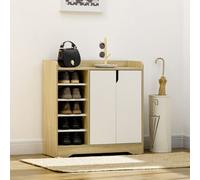Homcom Shoe Storage Organizer With Double Door Cabinet Open Shelves In Natural Natural