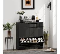 HOMCOM Shoe Cabinet with 3 Drawers, High Gloss Front Panels, Glass Top Black, Black