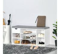 Shoe Bench with Seat Cushion Shoe Storage Cabinet with 7 Compartments Drawer Adjustable Shelves for Entryway Hallway Living Room White and Grey w/ - H