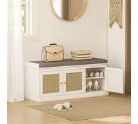 HOMCOM Shoe Storage Bench with Rattan Doors, Cushion, Entryway Shoe Bench, White