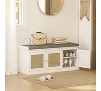 HOMCOM Shoe Storage Bench with Rattan Doors, Cushion, Entryway Shoe Bench, White