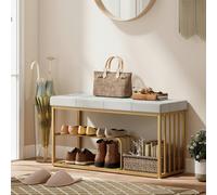 HOMCOM Modern Shoe Storage Bench with Velvet Seat Cushion, Upholstered Tufted Shoe Rack Bench with Storage Shelves and Gold Tone Steel Frame for Entryway, Hallway, Living Room, Bedroom, Grey