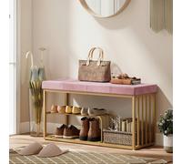 HOMCOM Modern Shoe Storage Bench with Velvet Seat Cushion, Upholstered Tufted Shoe Rack Bench with Storage Shelves and Gold Tone Steel Frame for Entryway, Hallway, Living Room, Bedroom, Pink