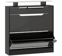 HOMCOM Shoe Storage Cabinet with Slide Out Drawer, 2 Flip Doors, Tempered Glass Top - Black