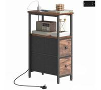 HOMCOM Side Table With Charging Station Narrow Bedside Table With 2 Fabric Drawers, Brown