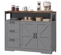 HOMCOM Sideboard Cabinet with Power Outlet, Farmhouse Kitchen Cabinet with 3 Drawers and Open Shelf, Grey