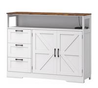 HOMCOM Sideboard Cabinet with Power Outlet, Farmhouse Kitchen Cabinet with 3 Drawers and Open Shelf, White