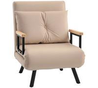 HOMCOM Single Chair Bed, Click Clack Convertible Bed Settee, Modern Velvet Feel Fabric Chair Couch with 1 Tufted Cushion, Wood Armrests, for Living Room, Bedroom, Guest Room Beige