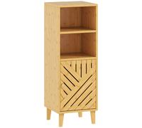 HOMCOM Slim Bathroom Cabinet with Bamboo Door and Legs, Narrow Bathroom Storage Cabinet, Freestanding Storage Cupboard with Open Compartments, 32 x 30 x 90 cm, Natural Wood Finish