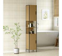 HOMCOM Slim Bathroom Storage Cabinet with 2 Doors Open Compartments Natural - Natural wood finish