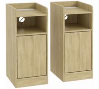 HOMCOM Slim Bedside Table Set of 2 with Charging Station, Narrow Bedside Cabinet with Adjustable Shelf, Oak