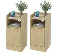 Homcom Slim Bedside Table Set Of 2 With Charging Station, Oak