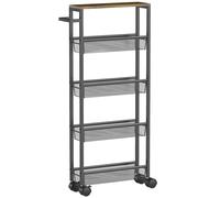 HOMCOM Slim Storage Trolley, 5-Tier Kitchen Cart on Wheels with Wood-effect Top, Handle for Living Room, Bathroom, Black