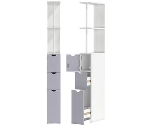 HOMCOM Slimline Bathroom Storage Free-Standing Bathroom Cabinet Unit Tall Shelf Toilet Tissue Cupboard w/Drawers - Grey and White Aosom UK