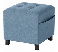 HOMCOM Small Ottoman, Square Footstool with Side Pocket, Rubber Wood Legs and Padded Seat for Living Room, Dark Blue