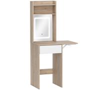 HOMCOM Small Vanity Desk with Mirror and LED Lights, Compact Dressing Table with Drop Leaf, Open Shelves, Natural Wood