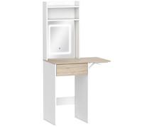 HOMCOM Small Vanity Desk with Mirror and LED Lights, Compact Dressing Table with Drop Leaf, Open Shelves and Drawer, White