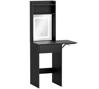 HOMCOM Small Vanity Desk with Mirror and LED Lights, Compact Dressing Table with Drop Leaf, Open Shelves and Drawer, Black
