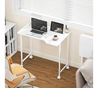 HOMCOM Small Writing Desk with Wheels, Folding Study Table, White, White