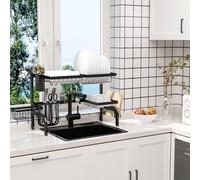 HOMCOM Over The Sink Dish Drying Rack, 2 Tier Adjustable Dish Drainer Black