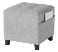 HOMCOM Square Footstool, Small Ottoman with Side Pocket, Linen Fabric Footrest Foot Stool with Rubber Wood Legs and Padded Seat for Living Room, Bedroom, Entryway, 35 x 35 x 35cm, Light Grey Light Gre