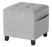 HOMCOM Square Footstool, Small Ottoman with Side Pocket, Linen Fabric Footrest Foot Stool with Rubber Wood Legs and Padded Seat for Living Room, Bedroom, Entryway, 35 x 35 x 35cm, Light Grey