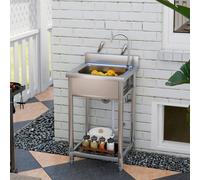 HOMCOM Outdoor Utility Sink, Free Standing Single Bowl Kitchen Sink with Cold and Hot Water Pipe and Storage Shelf for Laundry Garage, Silver Tone