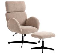 HOMCOM Swivel Armchair and Footstool Set, Height Adjustable Accent Chair with Adjustable Headrest, Rocking Function, Light Brown