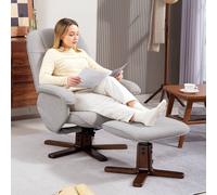 HOMCOM Swivel Recliner Chair with Footstool and Wooden Base, Light Grey, Grey