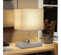 HOMCOM Bedside Lamp with USB A+C Charging Ports and 3 Phone Stands, Modern Table Lamp with Solid Wood Base and Fabric Shade for Bedroom Living Room Office, E27 Socket, Bulb Not Included, Grey