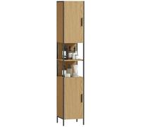 HOMCOM Tall Bathroom Cabinet, Slim Bathroom Storage Cabinet with 2 Doors, Open Compartments and Adjustable Shelves, Freestanding Storage Cupboard, 33 x 33 x 185 cm, Natural Wood Finish