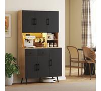 Homcom Tall Kitchen Cupboard With Led Lights And Adjustable Shelves, Oak In Black Black One Size