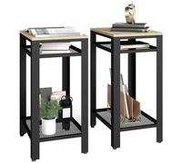 HOMCOM Tall Side Table Set of 2 with 3 Layer, 2 Shelves Storage Display Industrial-Style, Metal Frame, Bedside End Table for Living Room Bedroom, Oak and Black