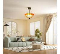 HOMCOM 40 cm Tiffany Style Ceiling Light, Vintage Stained Glass Chandelier with 3 E27 Sockets, Semi Flush Mount Pendant Light for Living Room, Bedroom, Hallway, Bulbs Not Included, Orange and White