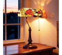 HOMCOM Tiffany-Style Glass Table Lamp with Rose and Butterfly Design, Handcrafted Antique Bedside Lamp with Dual Switch Control for Living Room and Bedroom, E27 Socket, No Assembly Required, Red