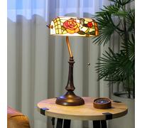HOMCOM Tiffany-Style Glass Table Lamp with Rose and Butterfly Design, Handcrafted Antique Bedside Lamp with Dual Switch Control for Living Room and Bedroom, E27 Socket, No Assembly Required, Red