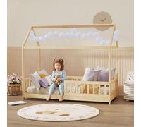 HOMCOM House-Shaped Kids Bed Frame Solid Pine Wood with Guard Rails, Natural