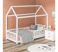 HOMCOM House-Shaped Kids Bed Frame, Solid Pine Wood Single Bed Frame with Safety Fence for Kids Boys and Girls, White, White