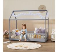 HOMCOM Toddler Bed Kids Single Bed Frame, House-Shaped Solid Pine Wood with Guard Rails for Kids Boys and Girls, Grey