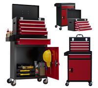 HOMCOM Two-Part Tool Storage Cabinet and Chest on Wheels - Black and Red, Red