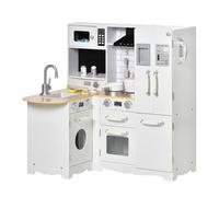 HOMCOM Toy Kitchen Wooden Kids Kitchen Realistic Refrigerator Sink White | Microwave, Oven, Range Hood, Telephone, Sounds, Storage Space, for 3-6 Years Old