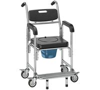 HOMCOM Transport Beside Shower Chair, 3-in-1 Commode Chair with Wheels and Padded Seat, Black