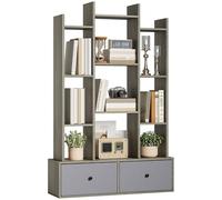 HOMCOM 12-Tier Bookshelf, Bookcase w/ 2 Folding Drawer, Graphite Wood Effect