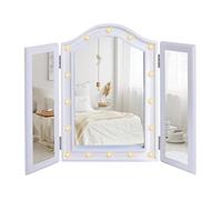 HOMCOM Trifold Tabletop Mirror, 73x53.5cm Makeup Mirror Large Cosmetic w/16 LED Lights Powered by Batteries, Foldable For Bedroom, White