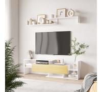 Homcom Tv Cabinet Unit W/ Wall-Mounted Shelf, Open Shelves White And Natural