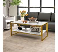 HOMCOM Two-Tier Coffee Table with Marble Effect Shelf and Metal Frame Black - White