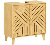 HOMCOM Under Sink Bathroom Cabinet, Bamboo Freestanding Under Sink Cabinet with Adjustable Shelf and Slat Doors for Basin without Pedestal, Natural Natural wood finish