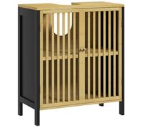 HOMCOM Under Sink Bathroom Cabinet, Bamboo Sink Storage Cabinet, Bathroom Vanity Unit with 2 Slat Doors, Adjustable Shelf and U-Shape Slot for Pipe Fit, Natural and Black